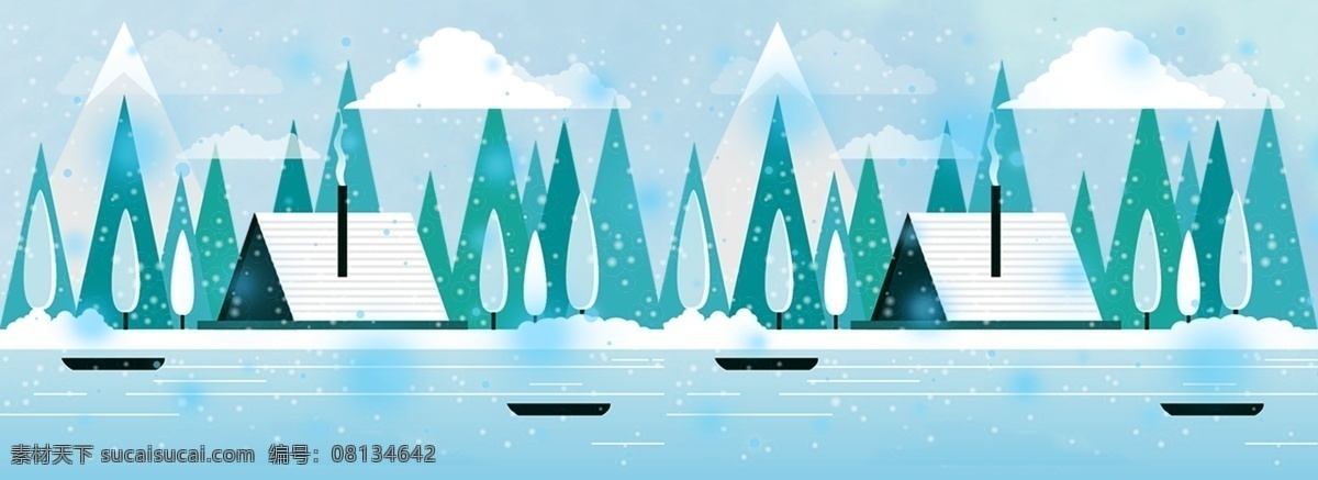 冬季 乡村 雪景 电商 淘宝 背景 矢量 卡通 插画 自然 森林 河流 旅游 雪 木屋 风景 淘宝背景