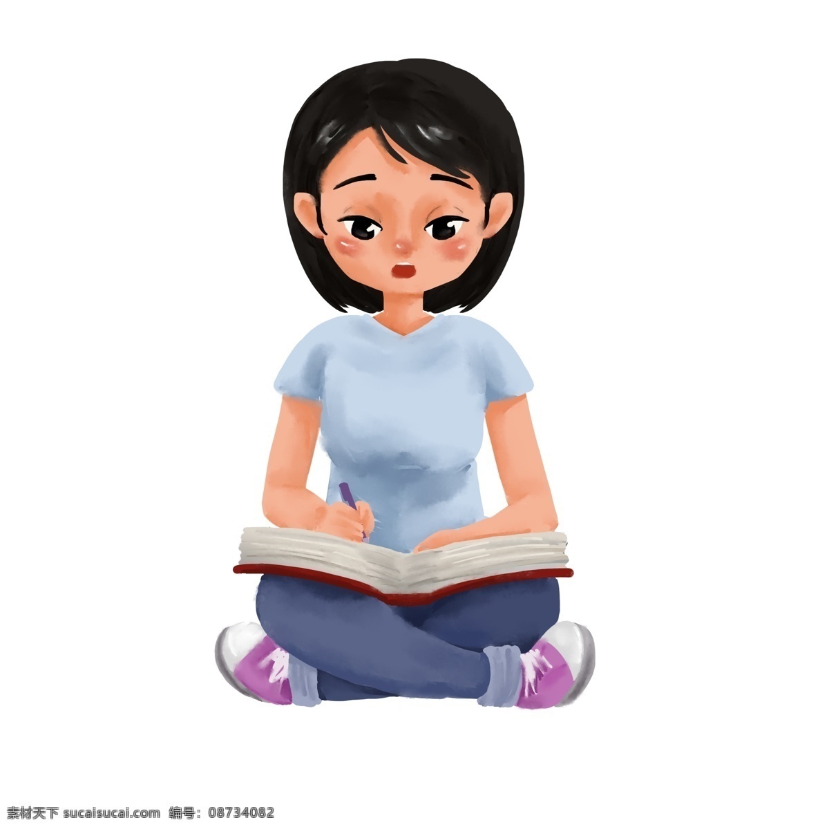 纯 原创 插画 人物 盘腿 复习 学生 女 读书 人物素材 复习学生 看书 写字 盘腿动作 女学生 做功课 盘腿复习 插画人物 插画素材 元素