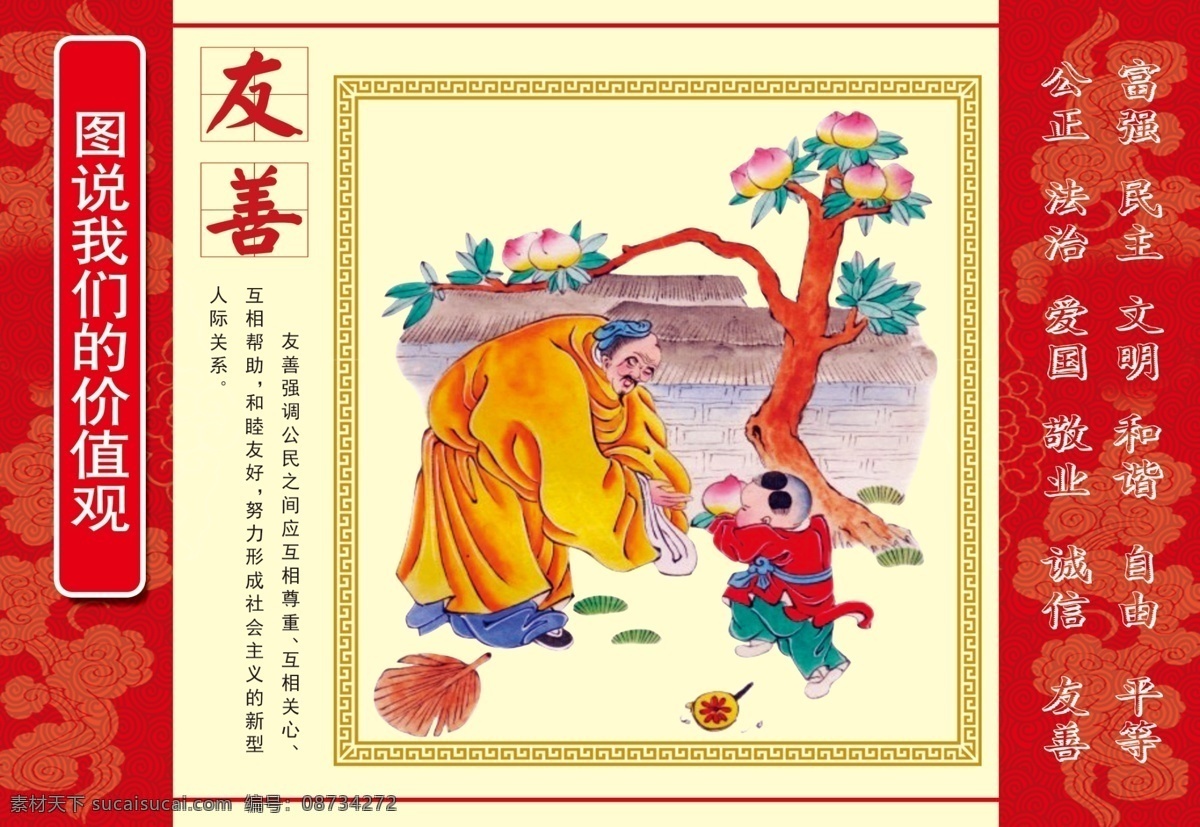 核心价值观 富强 民主 文明 和谐 自由 平等 公正 法治 爱国 敬业 诚信 友善 祥云 喜庆背景 古风 古韵 卡通 人物 娃娃 年画