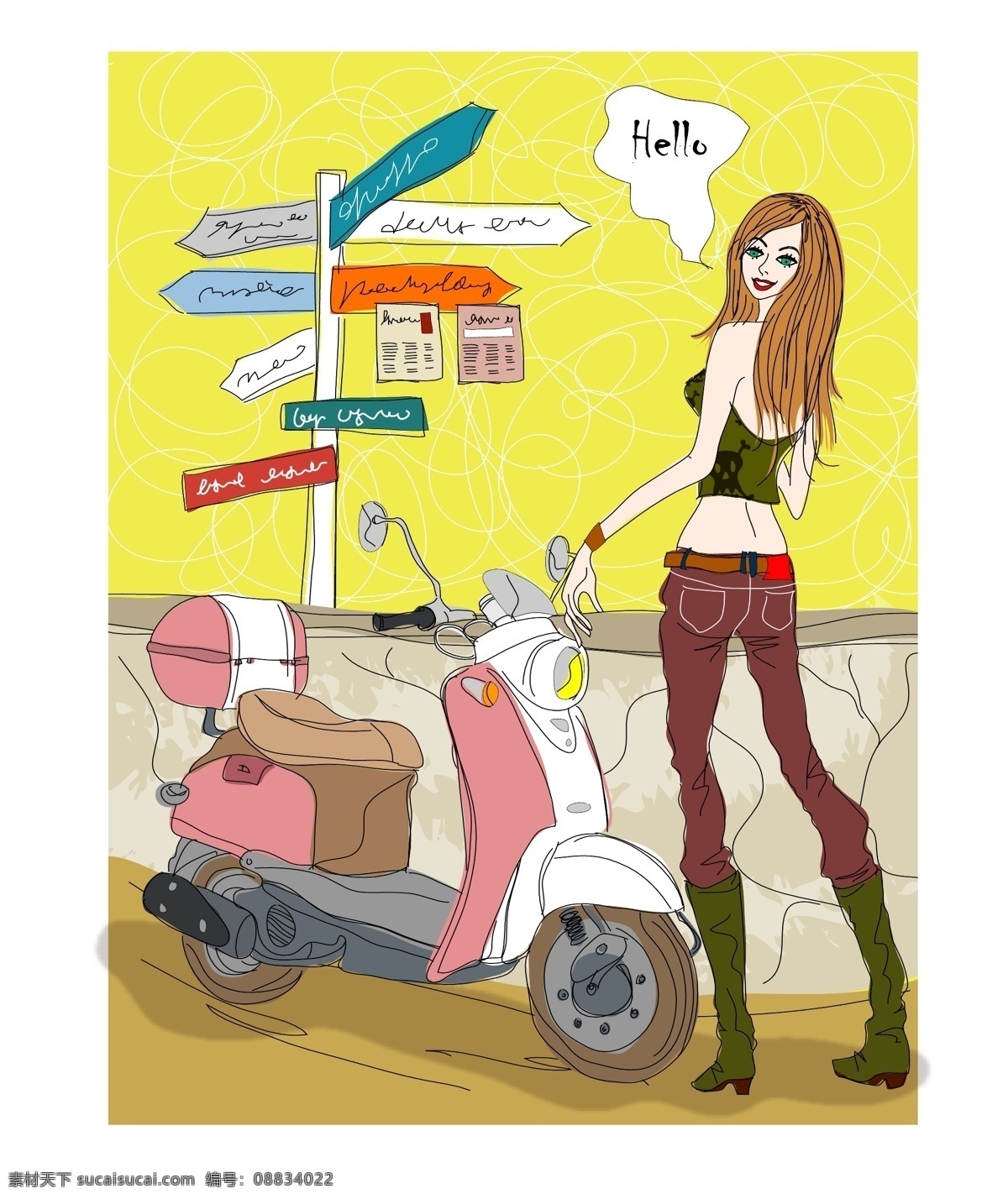 卡通 摩托车 人物 女性 人物素材 路标
