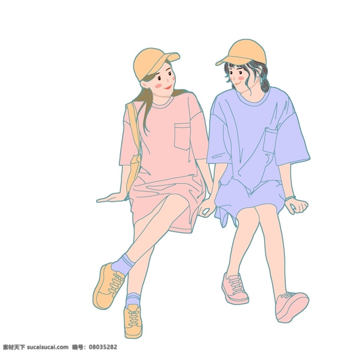 手绘 穿 闺 蜜 装 两个 女孩 小清新 闺蜜节 少女 女生 好朋友 好闺蜜 人物插画 时尚 潮