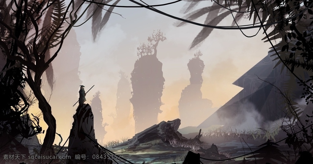 林间独立 水墨画 风景 黑白画 仗剑天涯 孤独 幽深 黑暗 独峰 文化艺术 绘画书法