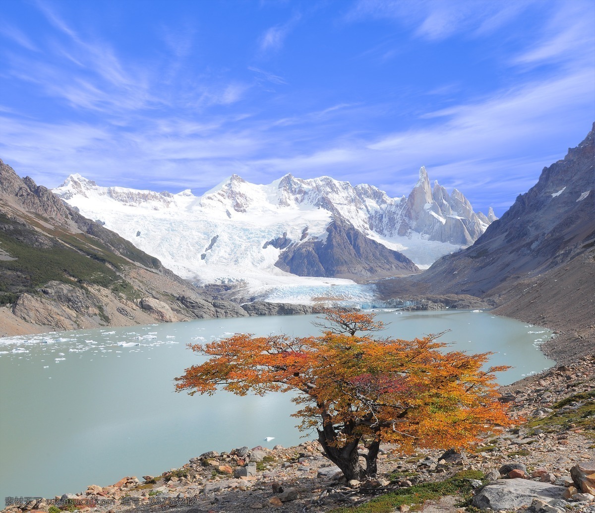 雪山 前 湖泊 树木 蓝天 白云 美景 山水风景 风景图片