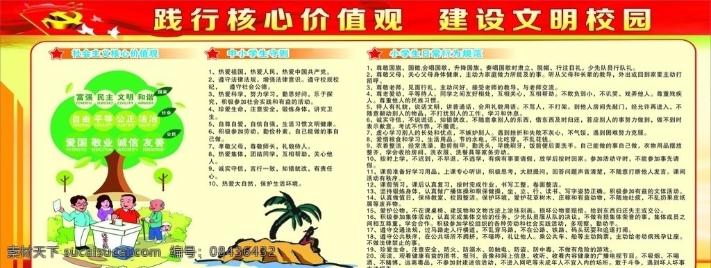 核心价值观 建设文明 学校价值观 学校 基本内容 涵义 社会主义 价值观 中小学守则 小学生 行为规范 核心矢量树 卡通选票 卡通人物 红色背景 展板 矢量 源文件 展板模板