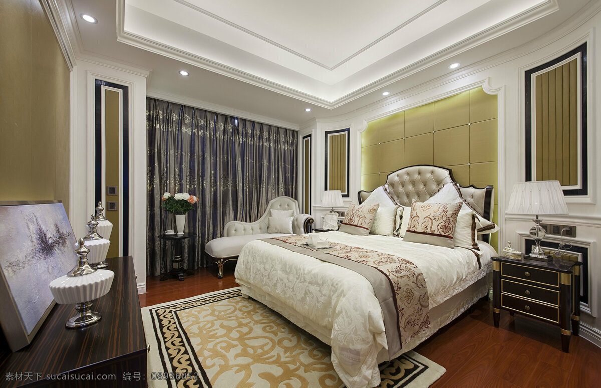 现代 都市 卧室 暗 金色 背景 墙 室内装修 效果图 卧室装修 木地板 金色窗帘 白色床品