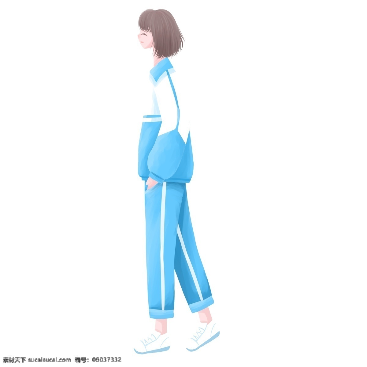 卡通 小 清新 穿 校服 女孩 侧面 蓝色 小清新 插画 女生 高中生 学生 人物