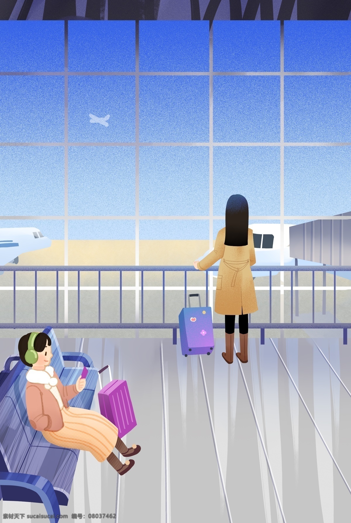 手绘 机场 候车厅 海报 清新 长椅 飞机 女孩 自动贩卖机 旅行 国庆节 一个人的旅
