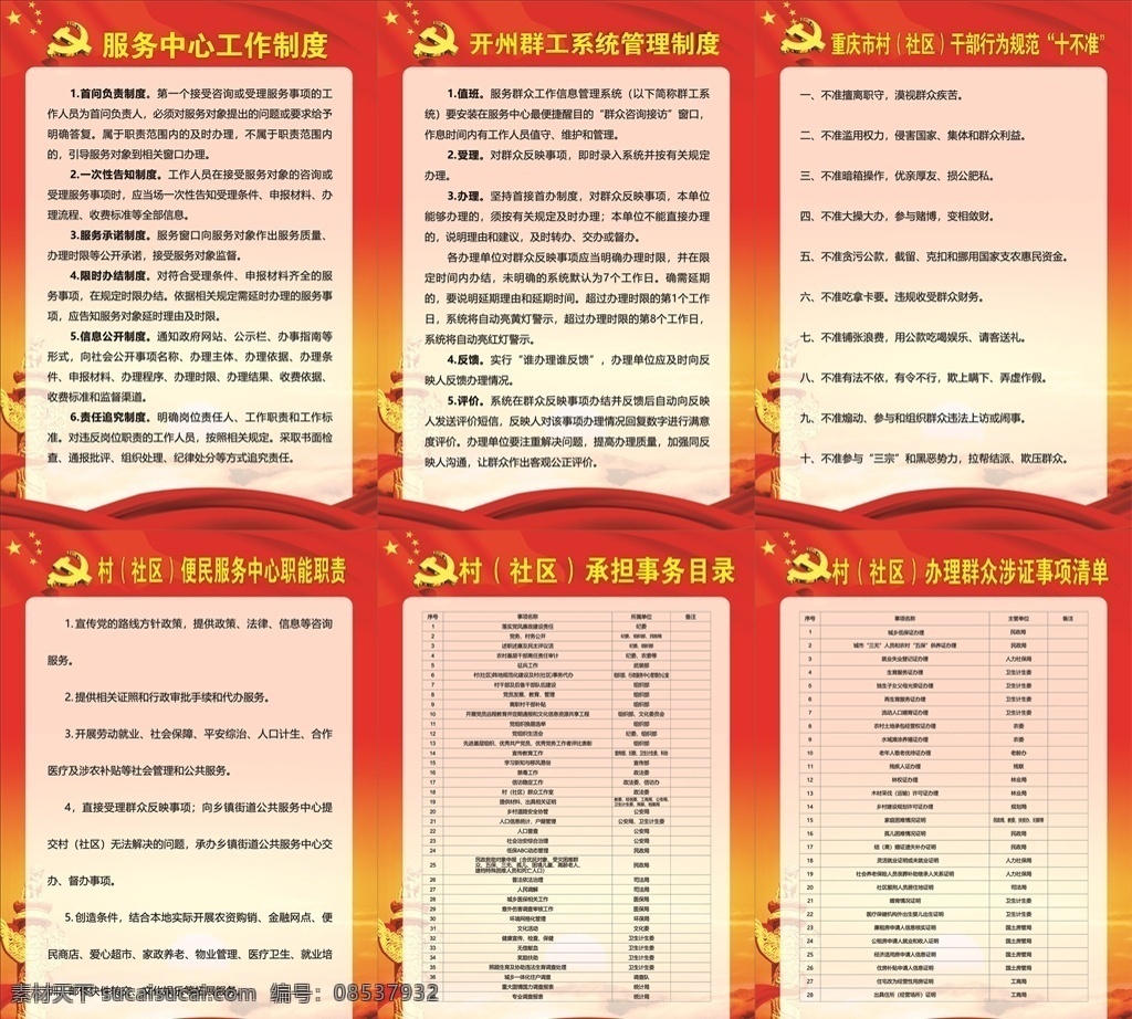 服务中心 工作制度 服务中心工作 制度 开州群工系统 村社区 干部规范 十不准 便民服务 职能职责 承担事务目录 党建制度