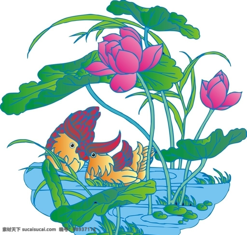 荷花 鸳鸯 花草 水波 矢量图