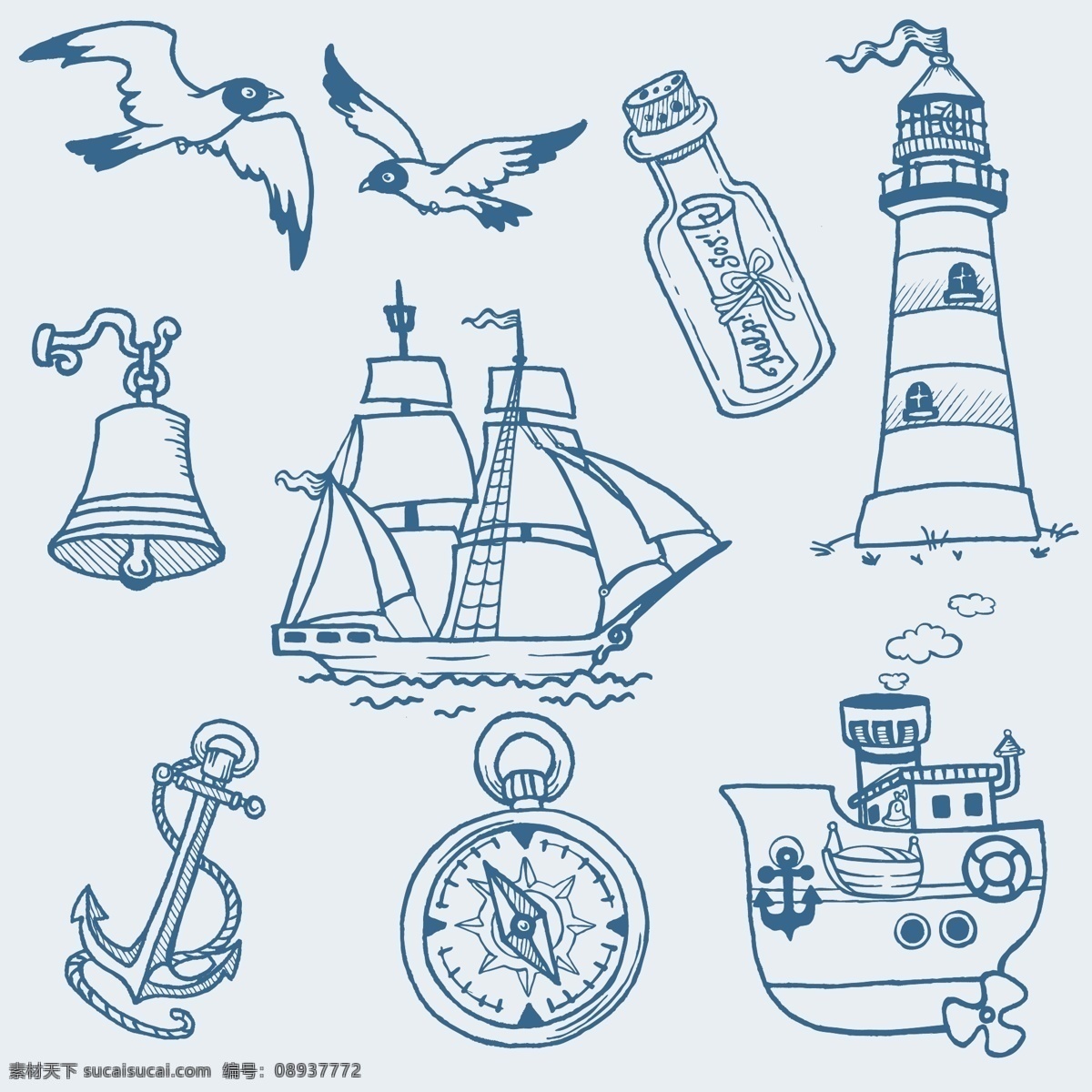 手绘航海物品 航海物品 海洋 船 指南针 地图 锚 救生圈 海鸥 海螺 贝壳 冒险 海盗