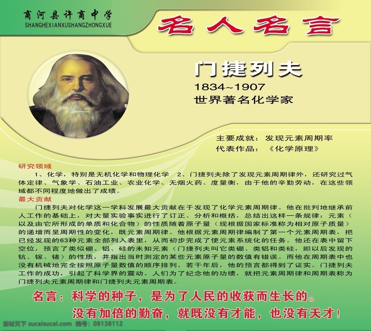 学校展板 校园文化 门捷列夫 名人名言 门捷列夫介绍 学校文化 门捷列夫名言 简介 楼道展板 楼道文化 展板模板 广告设计模板 源文件
