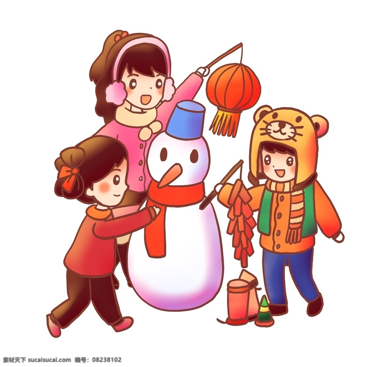 2019 堆 雪人 放 鞭炮 灯笼 元旦 温暖 暖色 可爱 新年 猪年 堆雪人 放鞭炮 玩耍 团圆 团聚 开心 卡通手绘
