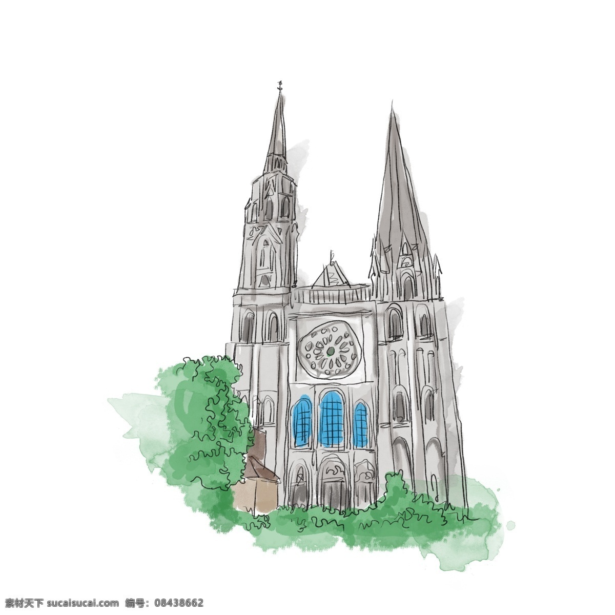 水彩 建筑 大 教堂 漂亮的建筑 宏伟的建筑 卡通插画 手绘水彩建筑 水彩建筑插画 沙特尔大教堂