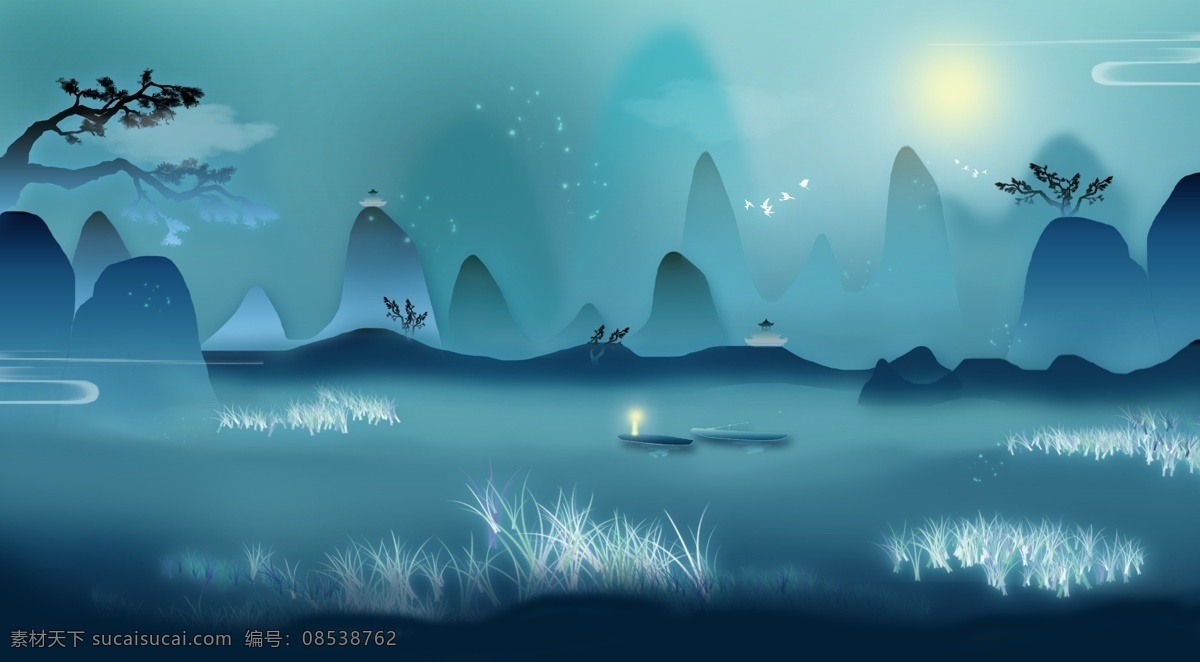 中国 古风 海报 夜晚 月亮 蓝色 小舟 绿色 星星 树 中国古风 发光的草 山 水