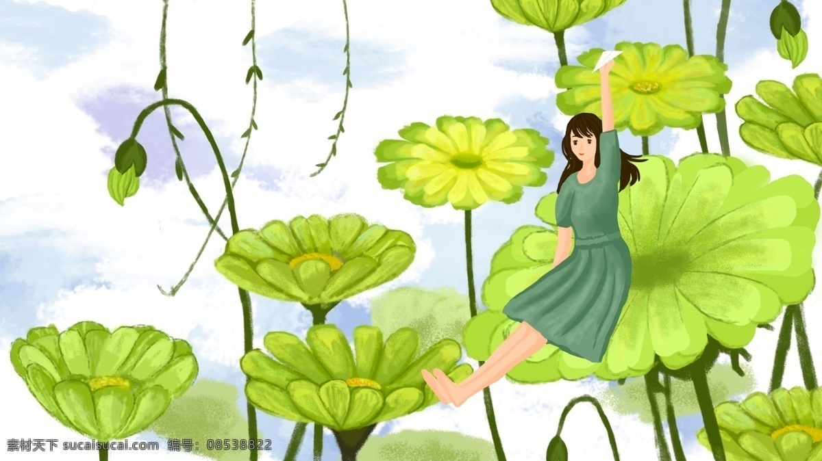 小 清新 森林 公主 纸 飞机 插画 绿色 小清新 花草 女孩 纸飞机 藤曼 森林公主
