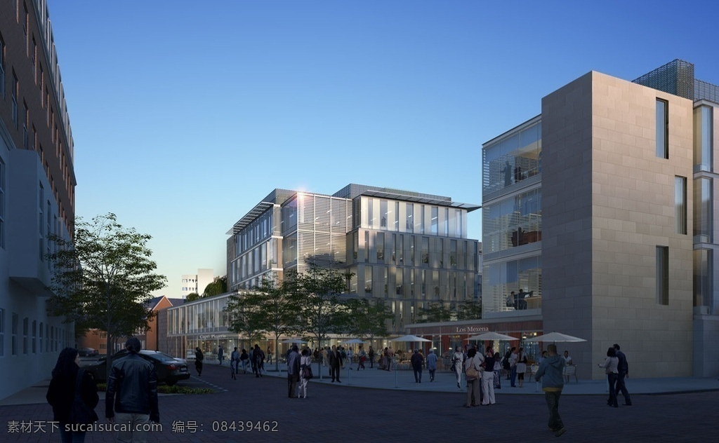沿街 商业 一角 透视图 街道 人群 树木 天空 建筑 小品 优秀设计方案 建筑设计 环境设计 源文件