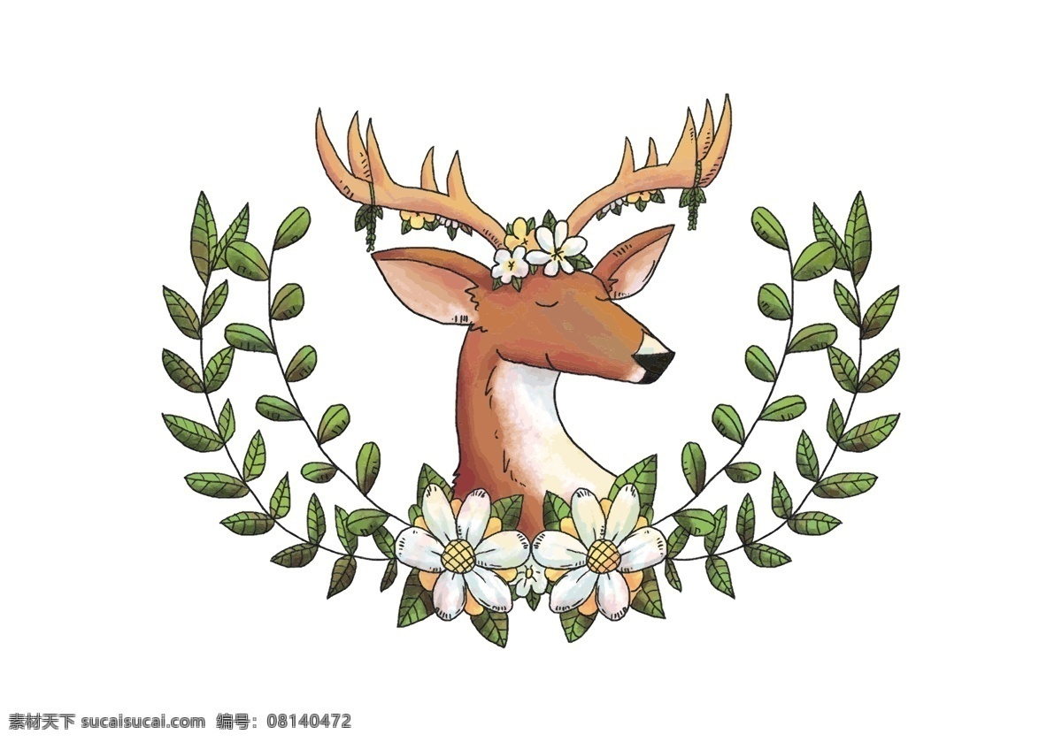 清新 手绘 麋鹿 插画 动物 动物头像 卡通动物 梅花鹿 矢量动物 矢量素材 手绘动物 手绘花朵 手绘花卉 手绘麋鹿