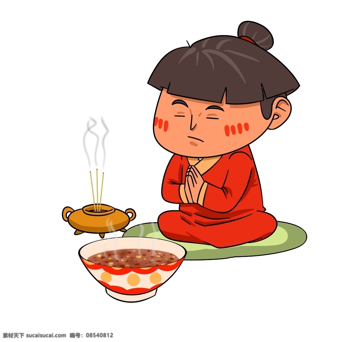 手绘 腊八 祈祷 人物 插画 腊八节 香炉 手绘香炉 红色衣服 腊八插画 一碗腊八粥 祈福人物插图