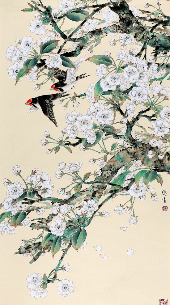 梨花时节 美术 绘画 国画 彩墨画 工笔重彩画 花鸟画 梨花 梨树 鸟 红头鸟 国画艺术 国画集45 绘画书法 文化艺术