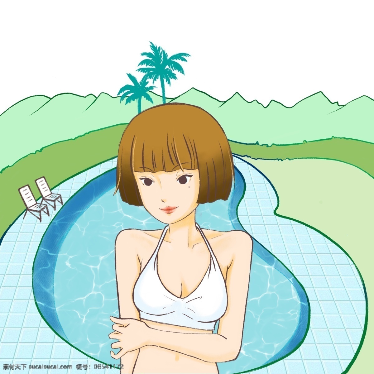 夏日 清凉 泳装 少女 插画 手绘 泳池 泳装少女 凉爽