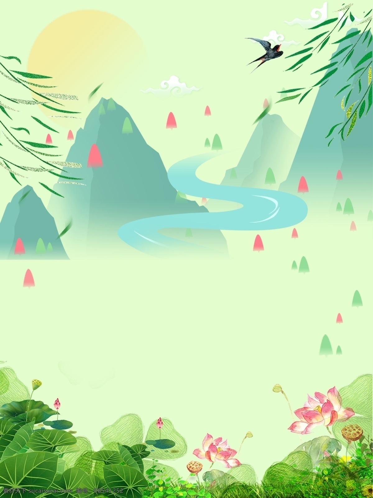 手绘 春分 节气 荷塘 背景 燕子 柳条 荷花 广告背景 背景设计 特邀背景 促销背景 背景展板图 背景图 创意 清新