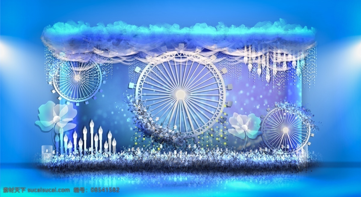 梦幻 蓝色 摩天轮 展示区 婚礼 效果图 花艺 婚礼效果图 蓝色系 蓝白 纸花 钻石灯