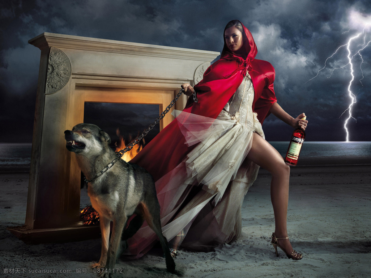壁炉 创意 创意广告 广告 红衣 酒 模板下载 美女 猎狗 闪电 psd源文件