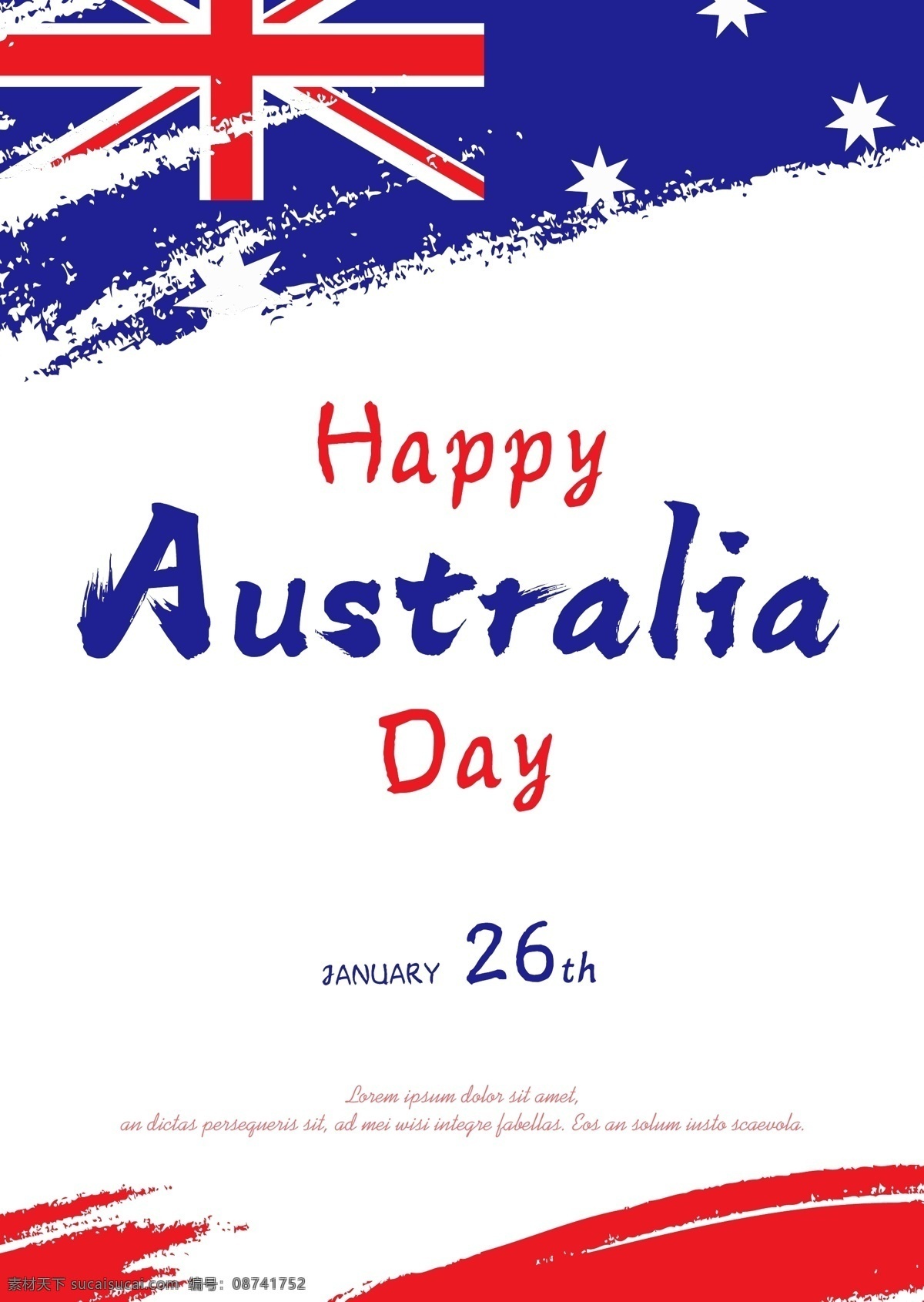 白色 手写 澳大利亚 日 海报 国旗 庆祝 节日 澳大利亚日 红 蓝 水彩