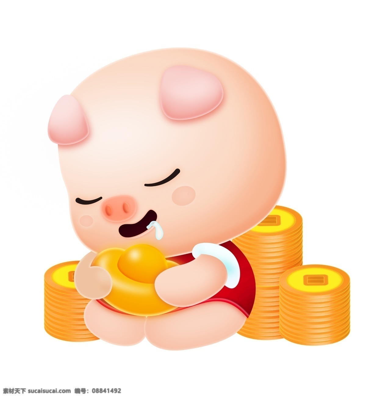 抱 大金 元宝 小 猪 插画 猪年小猪 留 口水 粉色的小猪 可爱的小猪 金元宝 高高的金币 金钱小猪