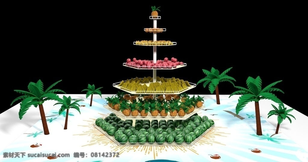 水果塔美陈 水果美陈 水果塔 热带水果 东南亚风格 椰子树 水果 3d设计 c4d