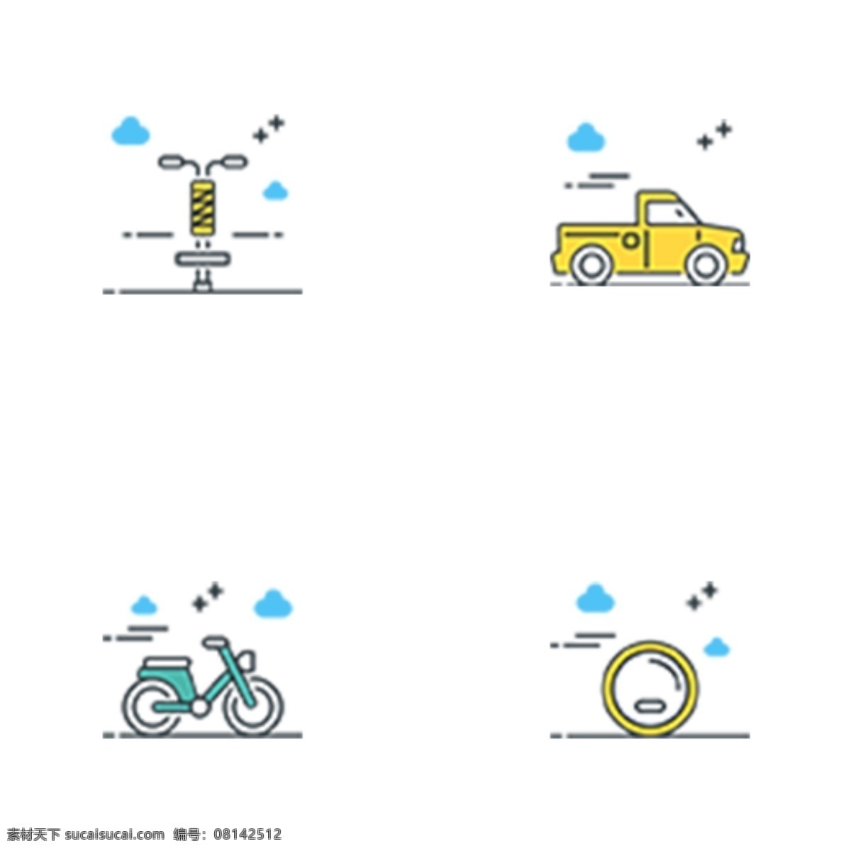 彩色 创意 交通工具 图标 元素 交通 工具 自行车 汽车 出行 运输 轮子 卡通插画 ui 扁平化