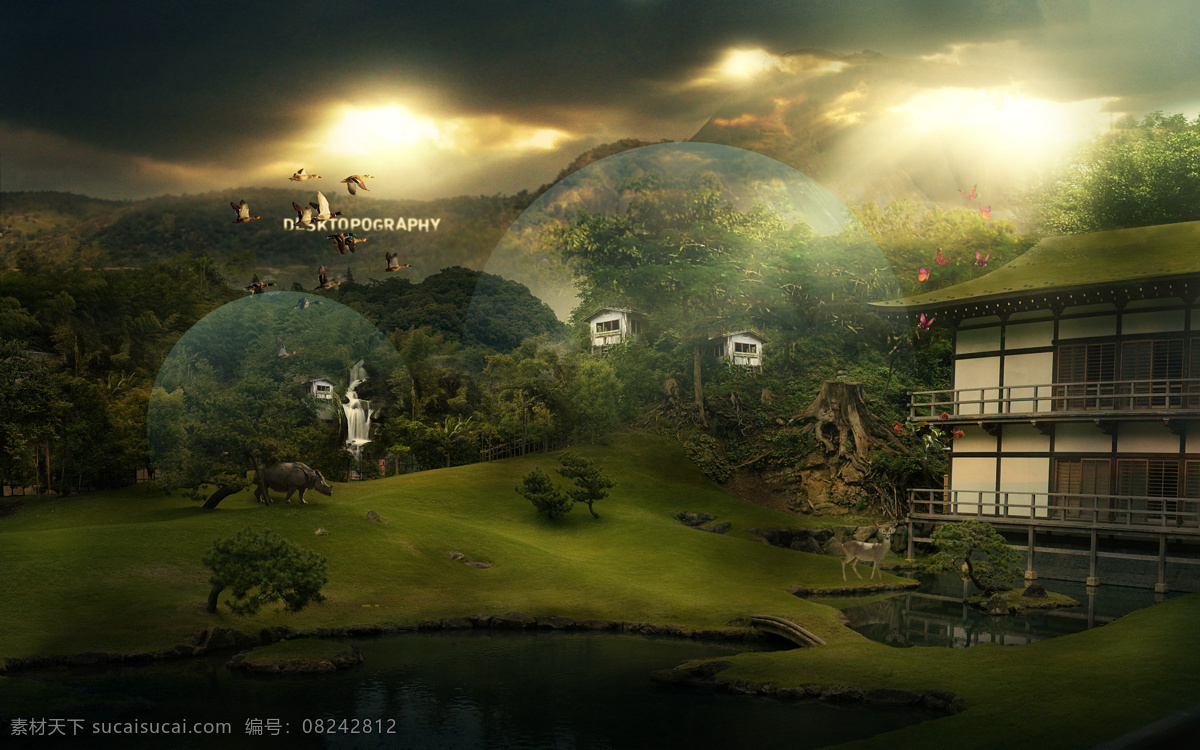 绿色 日式 乡村 建筑 原创 农家 山丘 山峰