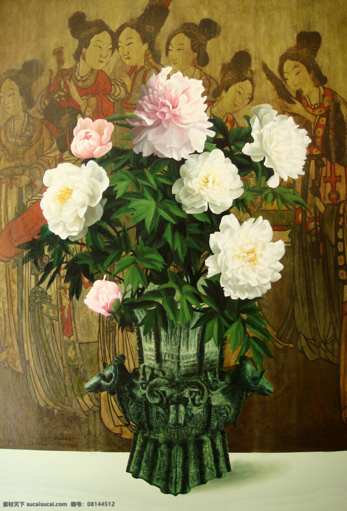 古代仕女 花瓶 绘画 绘画书法 绿叶 美术 牡丹花 女人 天香曲 油画 现代油画 鲜花 油画艺术 油画作品5 文化艺术 装饰素材