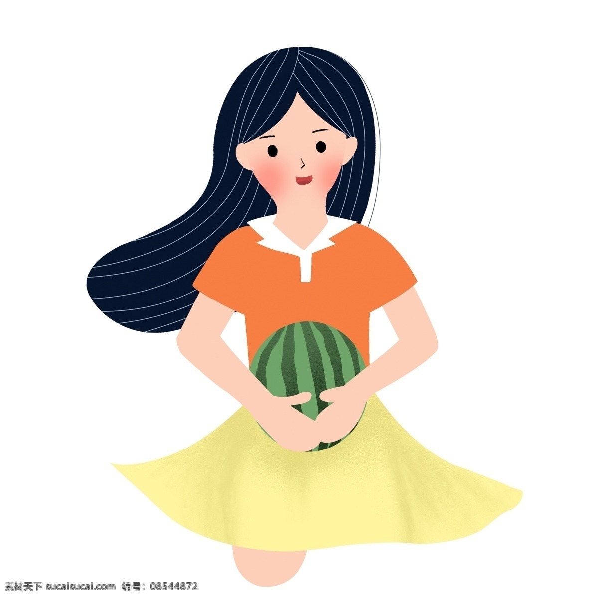 手绘 抱 西瓜 女孩儿 卡通 可爱 女孩 夏季 人物 插画