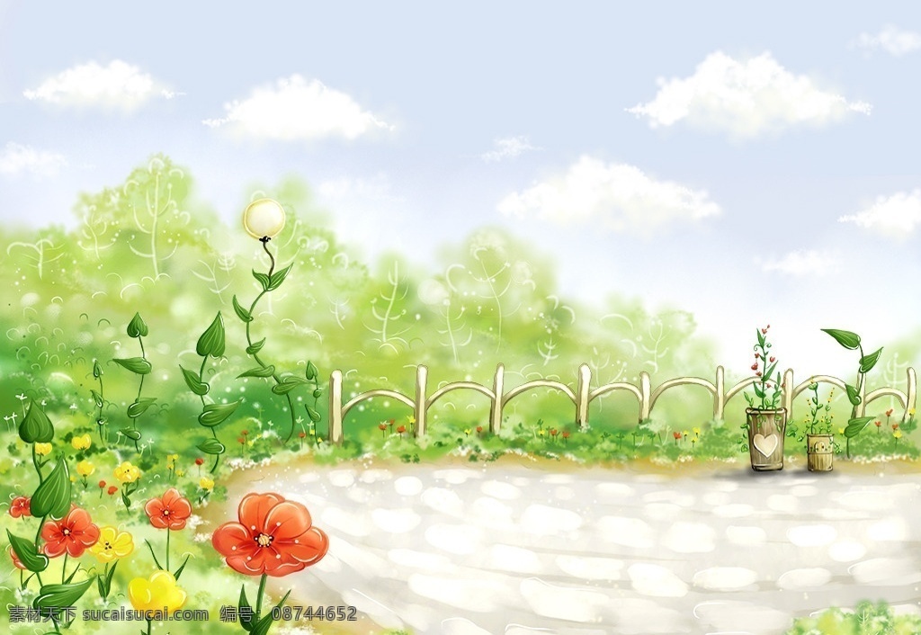 可爱 卡通 花草 水池 手绘图 可爱卡通风景 花草树木 红色花朵 黄花 绿草 蓝天白云 小水池 卡通漫画 动漫动画 风景漫画