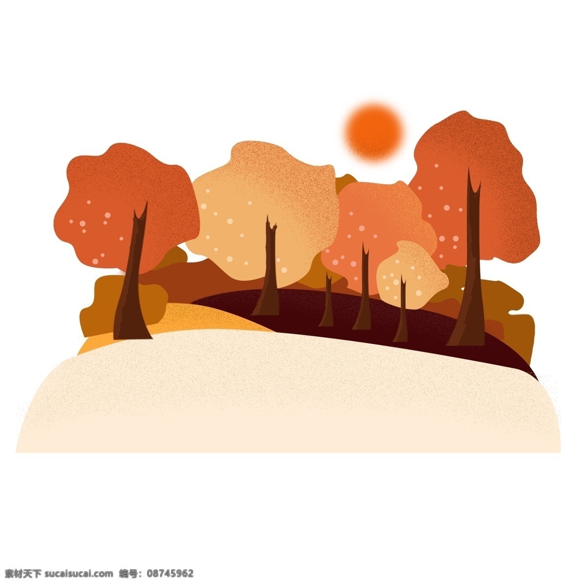枫 树林 橘 色 手绘 植物 元素 原创 商用 枫树林 橘色 太阳 山坡