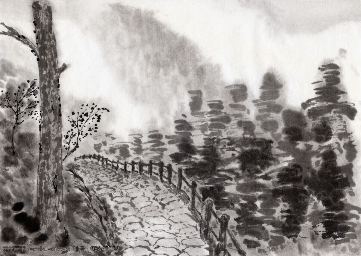 水墨 风景 小径 丹青 国画 水墨丹青 水墨画 水墨风景 树木 意境 春色 土地 绿地 黛色 栏杆 树 植被 石板路 书画文字 文化艺术