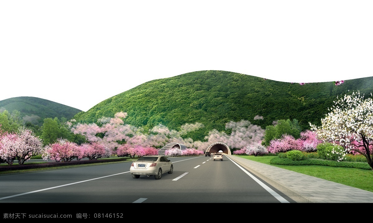 公路群山 林荫桃花 公路 隧道 群山 蓝天白云 3d设计 3d作品