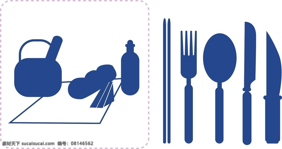 野餐餐具组 野餐 餐具 刀子 筷子 汤匙 插子 水果刀 野餐篮 面包 三明治 剪影 卡通 图示 icon 标志图标 其他图标