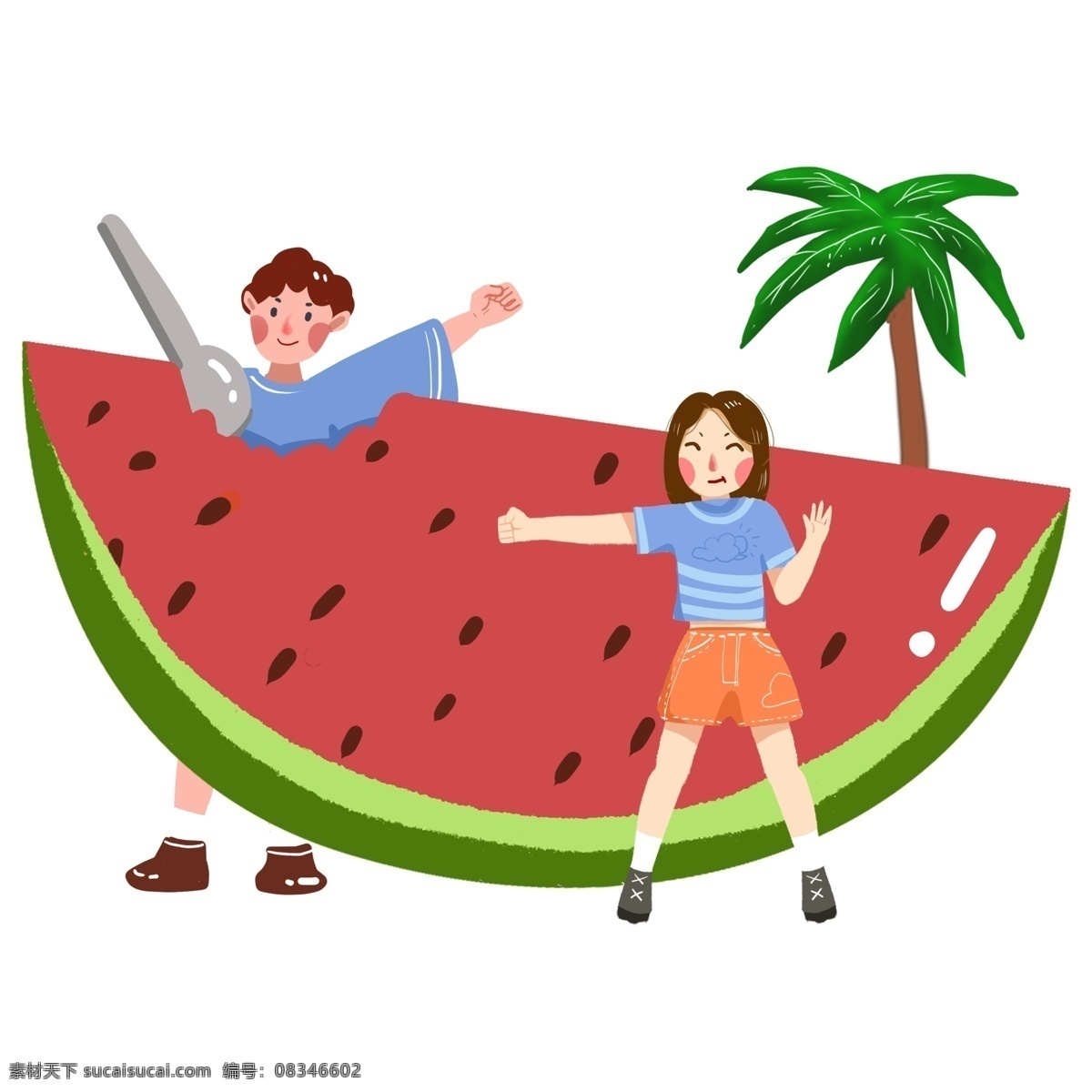 夏季 大 西瓜 吃 手绘 夏天 沙滩 降温 解渴 炎热 乘凉 卡通 清爽 凉爽 嬉戏 开心 童趣 避暑 处暑 小清新