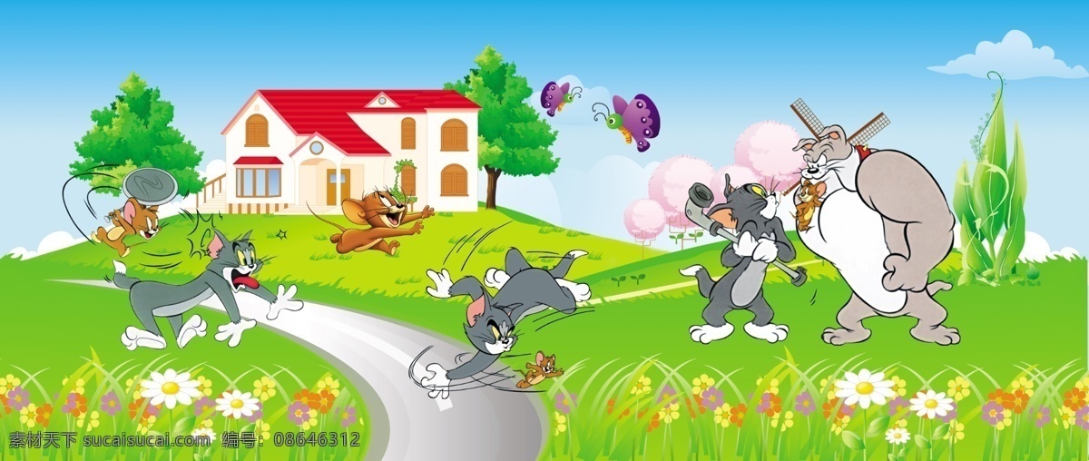 猫和老鼠卡通 迪士尼卡通 房子 草地 花 蝴蝶 树 路 分层 源文件库
