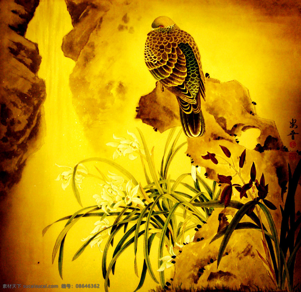 工笔画 国画艺术 花鸟画 绘画 绘画书法 兰花 绿叶 美术 幽芳 中国画 白牡丹 鸟 幽谷 瀑布 岩石 印章 国画集26 文化艺术 装饰素材 雕刻 图案