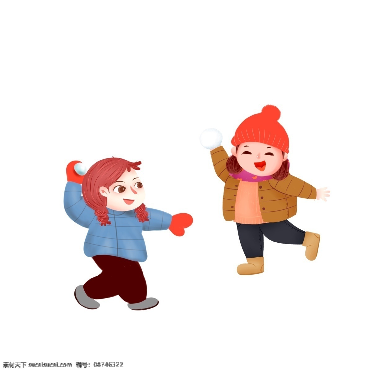 卡通 手绘 打雪仗 俩 女孩 小孩 人物 插画 儿童