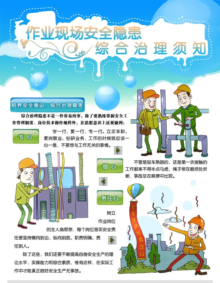 作业 现场 安全 隐患 综合治理须知 培养安全意识 综合治理隐患 挂画 挂图 海报 卡通人物代表 卡通人 漫画 展板宣传 展板模板 广告设计模板 源文件