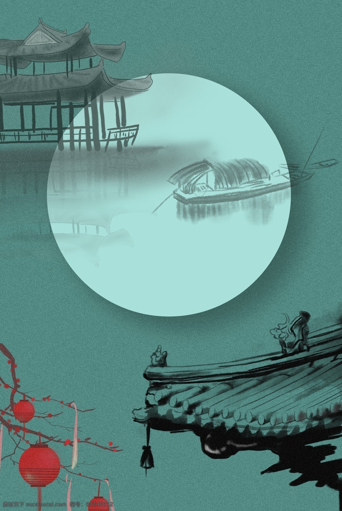 复古 中国 风 水墨 古建筑 湖水 深蓝色 背景 中国风 深蓝色背景 屋檐 灯笼 树枝