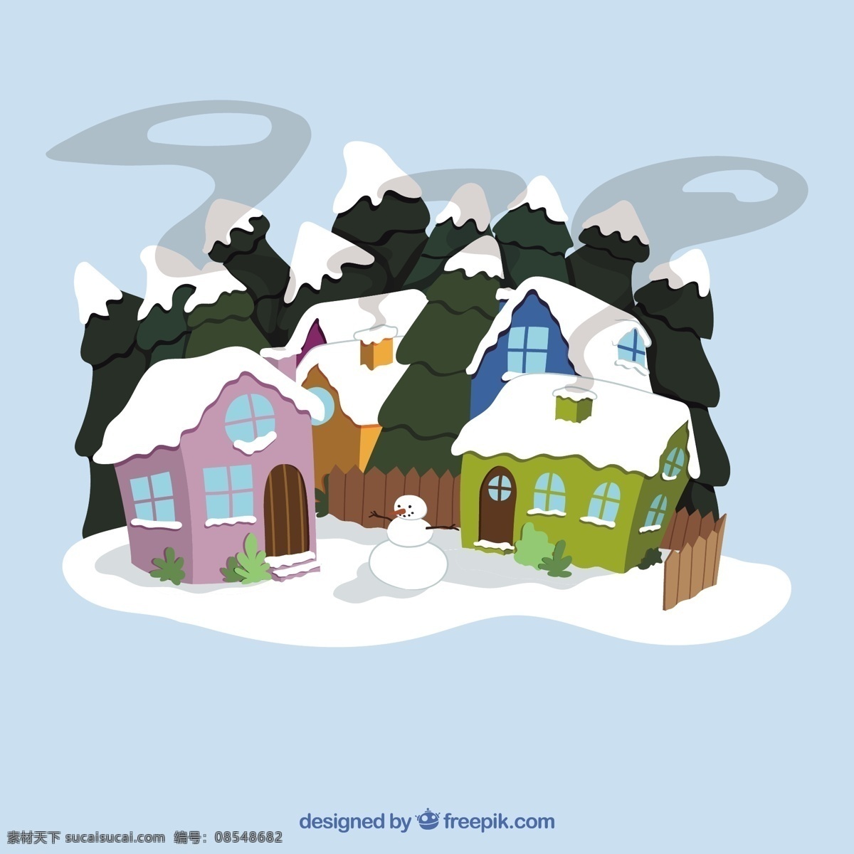 冬季 白雪皑皑 村子 圣诞节 房子 圣诞快乐 圣诞 卡通 冬天 快乐 可爱 庆祝活动 假期 假日 可爱的 风格 季节 节日