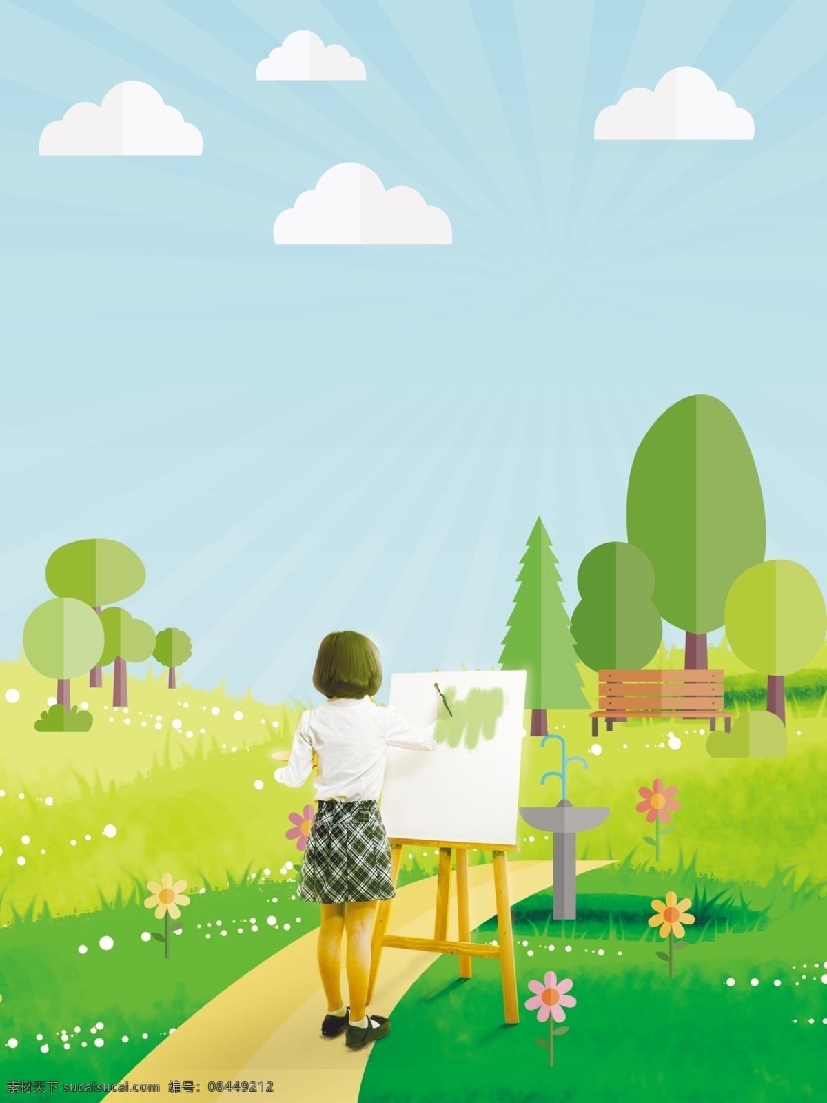 公园 小姑娘 绘画 广告 背景 云朵 清新 植物 树木 小花 广告背景 画板