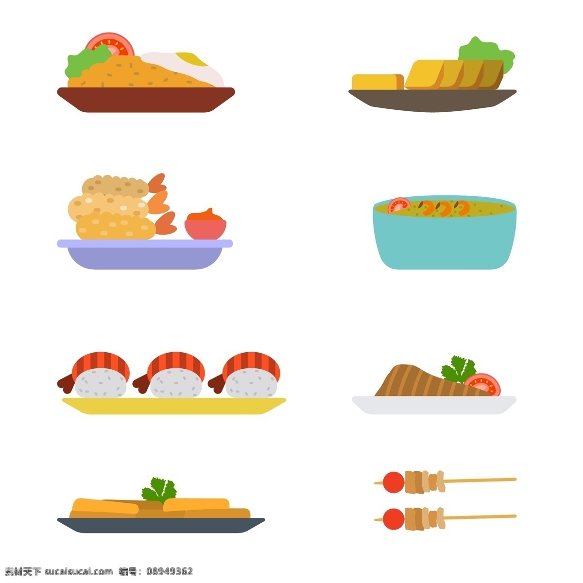 扁平 矢量 亚洲 食物 美食 矢量素材 手绘 手绘插画 手绘美食 寿司 亚洲食物 炸虾