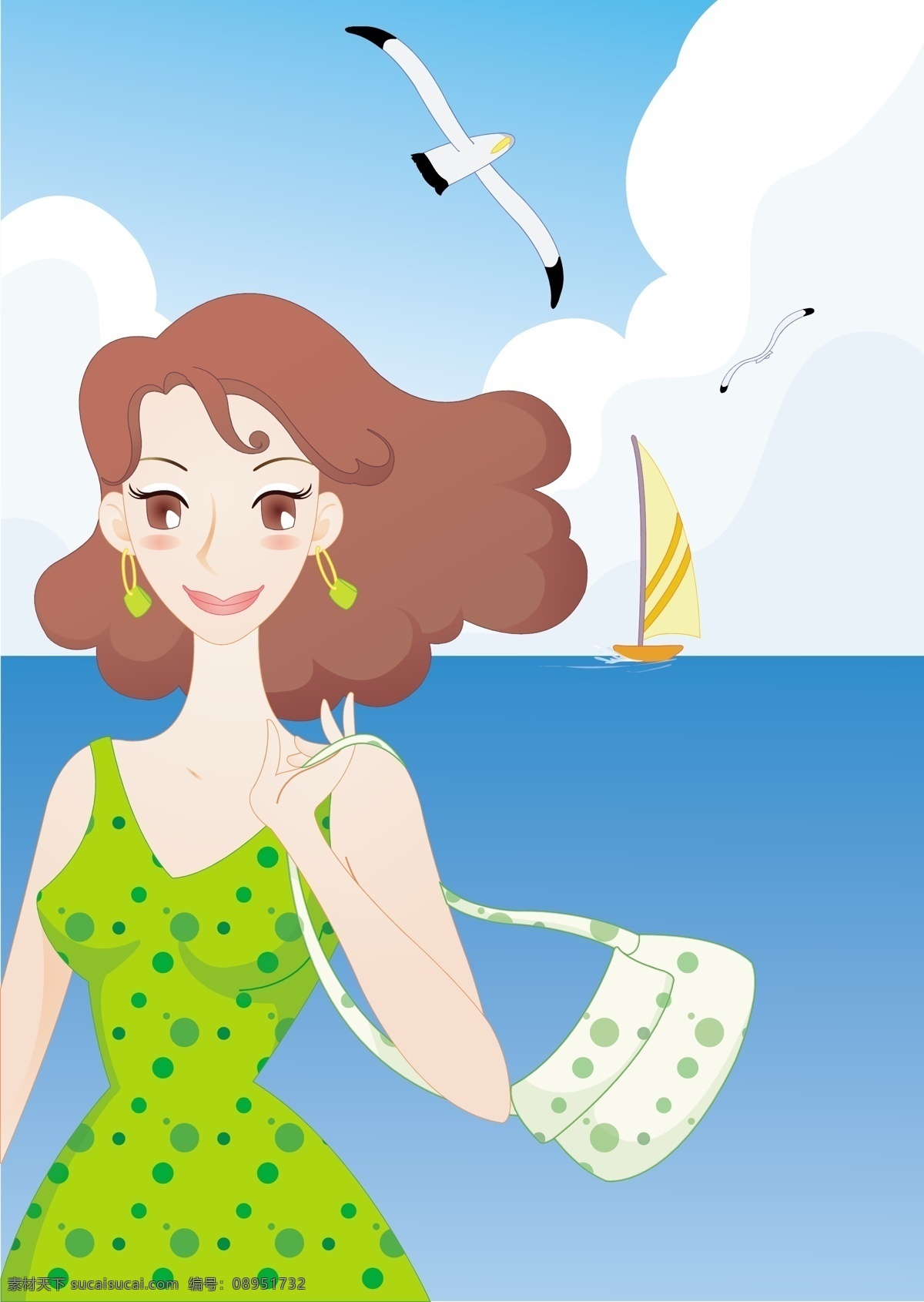 海边女人插图 海边 女人 插图 帆船 海鸥