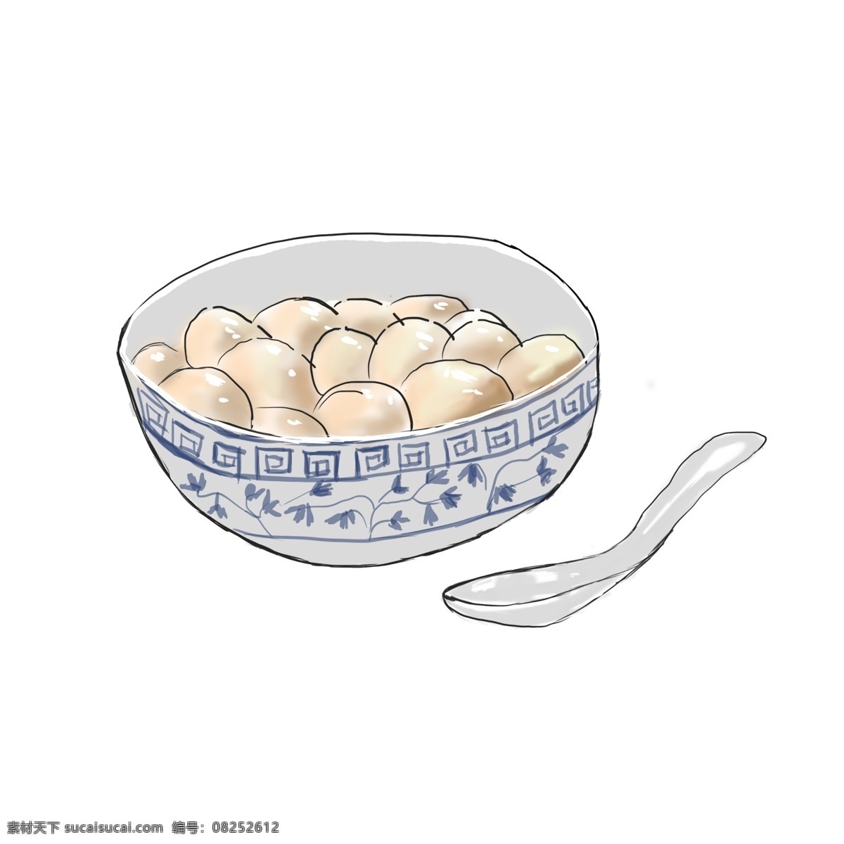 新年 元旦 手绘 汤圆 中国传统小吃 糯米粉 球形 蓝色 白色 馅料 煮熟带汤 糕点类